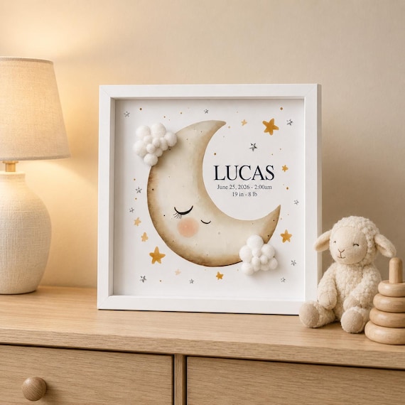 Personalized Baby Birth Stats Framed Art, 9x9 Moon and Stars Nursery Art