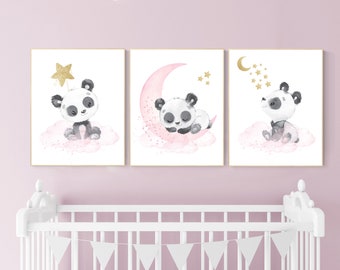 Lámina de panda para guardería: decoración de guardería para niña en rosa y dorado