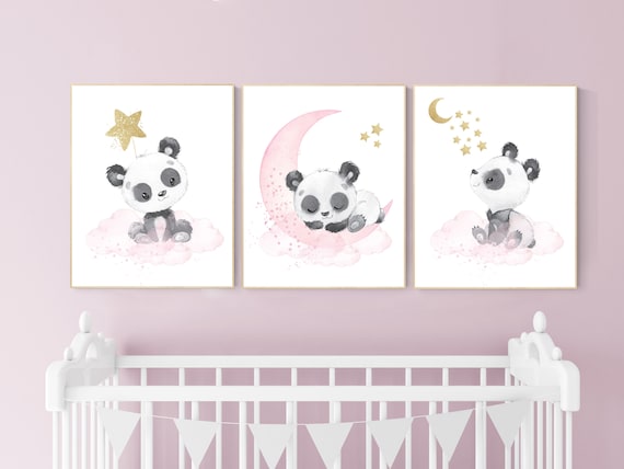 Nursery decor girl, panda nursery, pink and gold nursery wall art, panda nursery print, nursery decor animal, girl nursery wall decor, panda