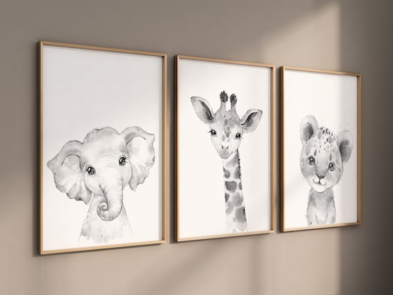 Nursery wall art animals, gray nursery, gender neutral nursery, neutral nursery, baby room decor, bear, elephant, giraffe, animal prints