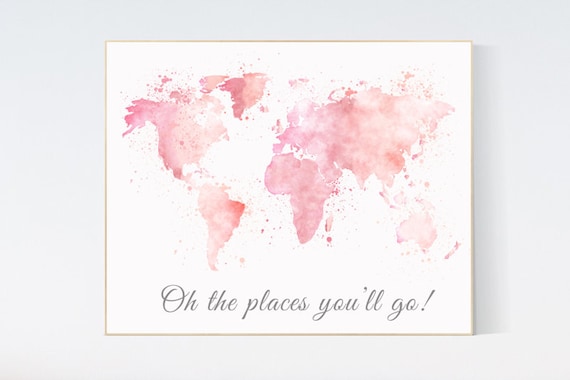 Pink watercolor world map, Nursery baby girl room, nursery wall art map, blush nursery, nursery decor girl map print