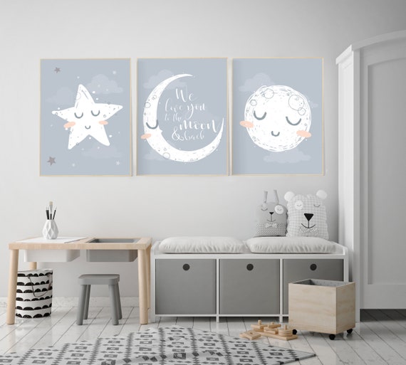 Nursery wall art grey, gray nursery, nursery decor neutral, baby room decor gender neutral, moon and stars, grey nursery decor baby room art