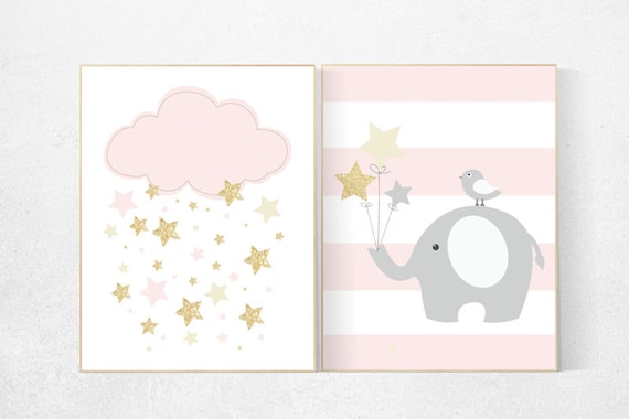 Pink gold cream nursery, nursery decor girl elephant, nursery wall decor girl, cloud and stars, nursery ideas, baby room decor girl, girls