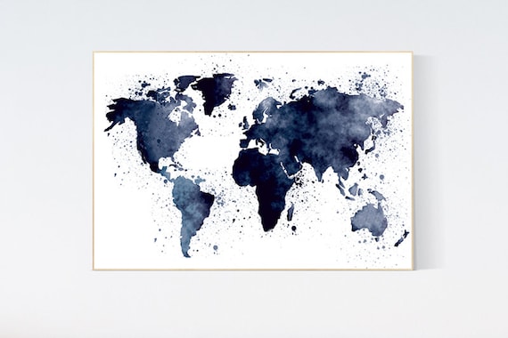 Navy blue world map, world map nursery decor, nursery world map, nursery decor boy map, navy nursery, travel theme nursery, world map