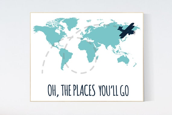 Oh the places you'll go, nursery decor travel, World Map wall art, world map nursery, teal navy nursery decor, world map wall art, teal