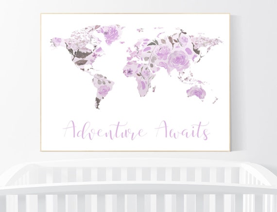 Nursery decor purple, Floral World Map, Girl Nursery Decor, Travel Nursery Art, floral Nursery Print, lilac, lavender, Adventure Awaits