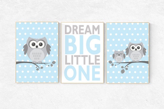 Owl nursery art, Dream Big Little One, Baby boy nursery decor, Blue gray nursery, boys room wall art, baby room prints, set of 3, boys room