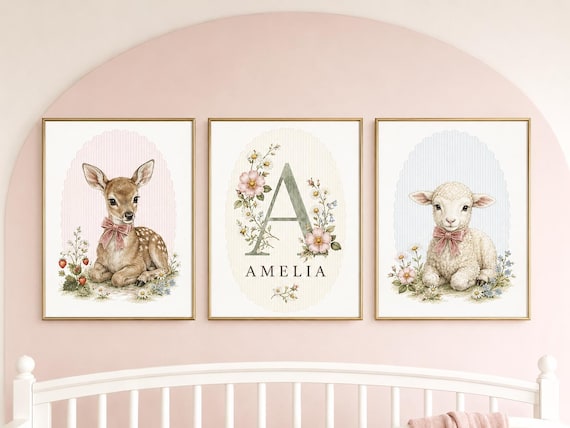 Personalized Nursery Wall Art Set of 3, Fawn & Lamb Prints, Custom Baby Name