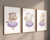 Ballerina animals, baby room decor girl, Elephant nursery, bunny nursery, bear nursery, nursery prints girl, ballet prints, purple nursery