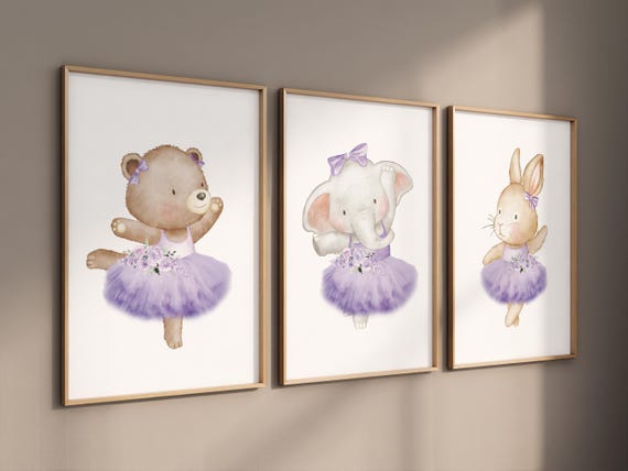 Ballerina animals, baby room decor girl, Elephant nursery, bunny nursery, bear nursery, nursery prints girl, ballet prints, purple nursery