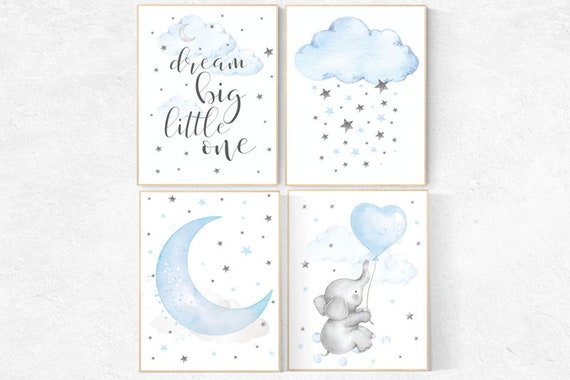 Nursery decor boy, nursery decor elephant, nursery wall art, dream big little one, nursery art, blue nursery decor, cloud and star, baby boy