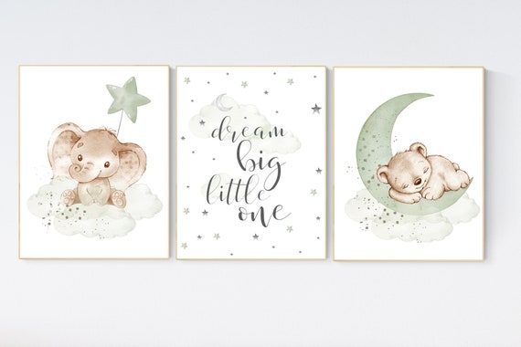 Nursery wall art animals, green nursery, gender neutral nursery, sage green, baby room decor, bear nursery, elephant nursery, animal prints