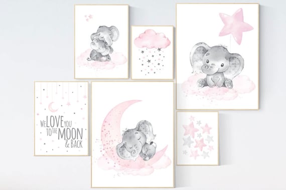Nursery wall art girl elephant, pink grey, nursery decor girl pink, we love you to the moon and back, girl nursery ideas, animal prints