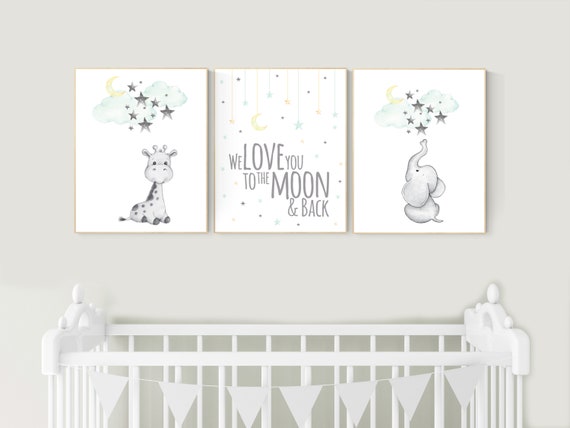 Gender neutral nursery, Mint and yellow nursery, nursery decor giraffe and elephant, cloud and star, mint green and yellow, stars, moon