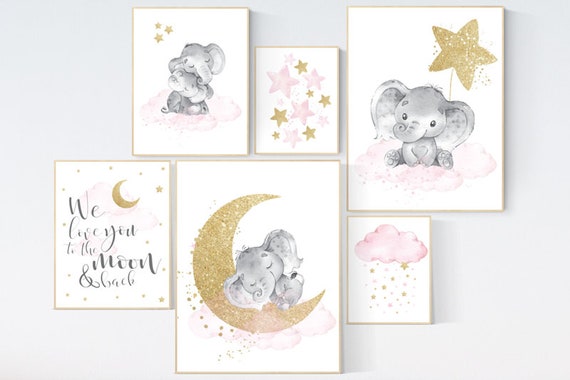 Nursery decor girl, Nursery decor elephant, baby room decor girl gold and pink, gold nursery art, to the moon and back, cloud stars nursery