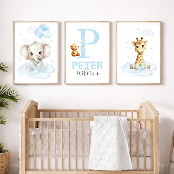 Safari Animal Nursery Prints: Baby Bear, Elephant, Giraffe Wall Art