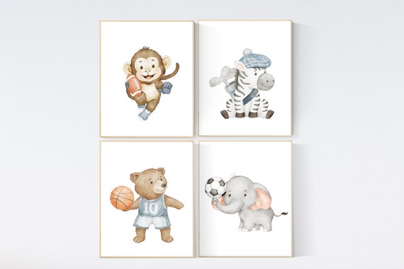 Sports nursery decor, Baby Animals Sport, Baby boy sports nursery, Safari nursery, soccer, football, basketball and golf, sports animals