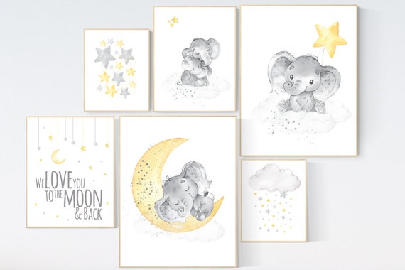 Nursery decor elephant, yellow grey nursery wall art, moon and stars, yellow nursery, gender neutral, twin nursery, unisex, yellow gray