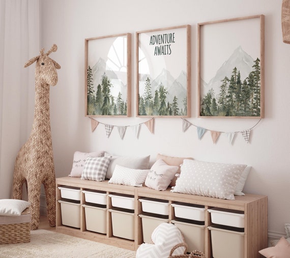 Adventure Awaits wall art, Mountain adventure art set, Nursery decor woodland, mountain wall art, tree nursery decor, forest nursery