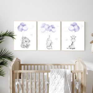 Girl nursery decor, purple nursery, animal prints for nursery, lavender nursery, animal nursery prints, balloon nursery, girls room decor