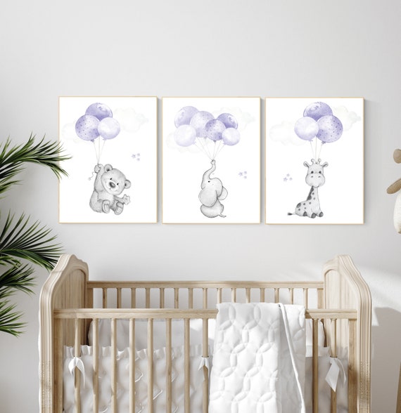 Girl nursery decor, purple nursery, animal prints for nursery, lavender nursery, animal nursery prints, balloon nursery, girls room decor
