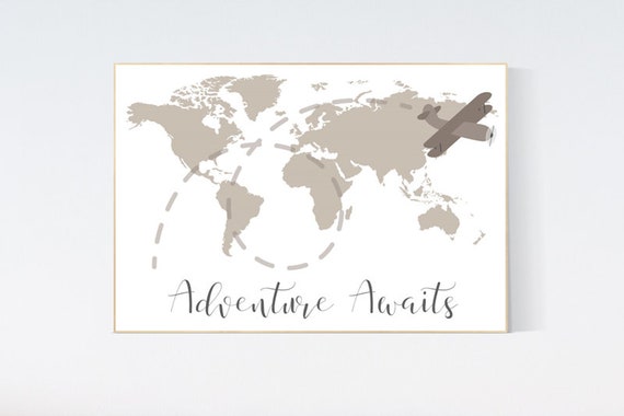 World map nursery, nursery wall art neutral, woodland nursery, adventure awaits, world map wall art nursery, gender neutral, airplane