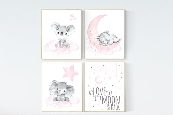 Animal nursery, nursery decor girl pink gray, nursery decor girl woodland animals, teddy bear, elephant, koala, baby girl nursery prints