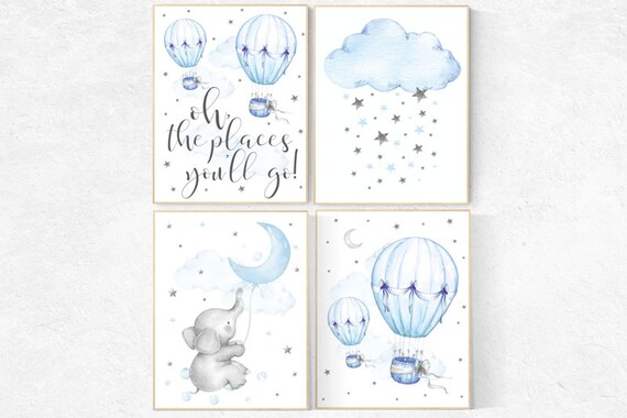 Nursery decor hot air balloon, elephant nursery, Nursery decor boy, oh the places you'll go, cloud and star nursery, nursery wall art boy