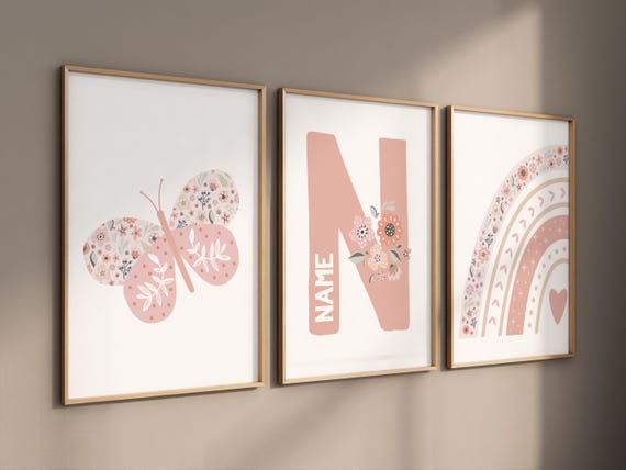 Personalized floral name nursery prints, Butterfly and rainbow wall art for girls, Blush pink boho nursery decor, Custom name initial print