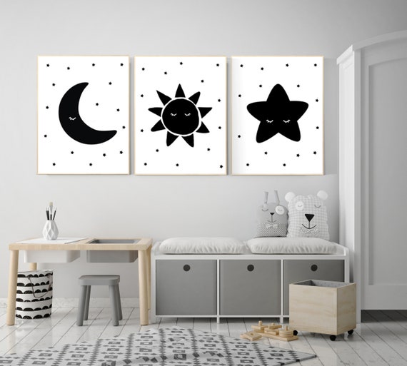 Nursery wall art black and white, gender neutral, baby room decor, sun, moon and stars, black white, nursery wall decor, twin nursery decor