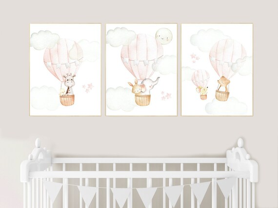 Hot air balloon nursery, blush pink nursery wall art, girl nursery, girls nursery wall art, woodland animals, travel theme, adventure theme