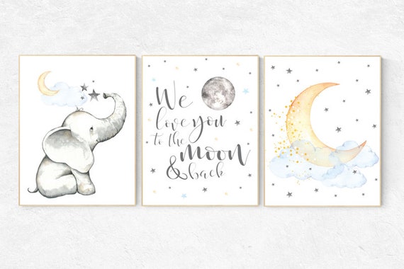 We love you to the moon and back, elephant nursery art, blue yellow nursery, neutral nursery prints, cloud nursery, star nursery decor