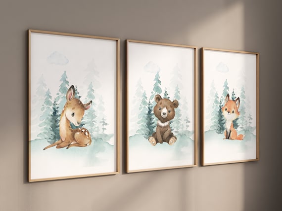 Nursery decor woodland, Woodland Nursery Wall Art, Woodland Print Set, animal prints, Woodland Animal Prints, gender neutral, teal nursery