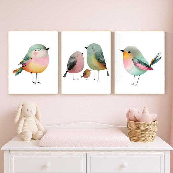 Pastel Bird Nursery Wall Art Set of 3 – Baby Girl Room Decor, Cute Watercolor Birds, Soft Pink Teal Art for Kids Room or Nursery
