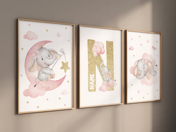 Elephant print, pink gold nursery, Nursery decor girl wall art, elephant prints for nursery, girls room decor, pink and gold