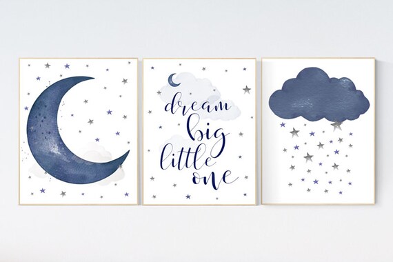 Nursery decor boy, navy nursery decor, moon and stars, dream big little one, navy blue nursery art, baby boy nursery art, raindrops