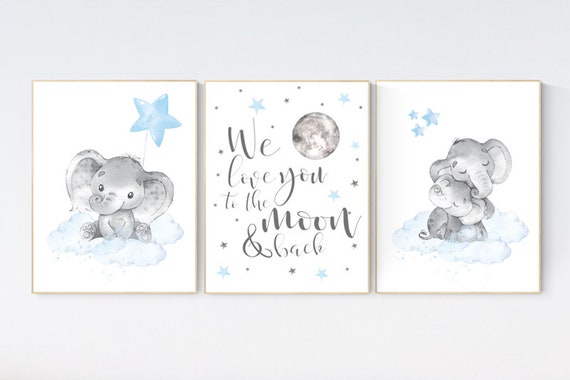 Nursery decor boy elephant, nursery wall art elephant, we love you to the moon and back, Elephant Nursery, boy nursery art, moon and stars