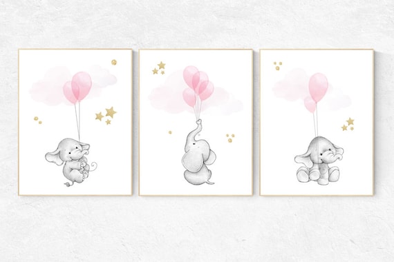 Nursery decor elephant, Pink gold nursery decor, nursery decor pink and gold, animal prints, nursery decor girl elephant, elephant nursery