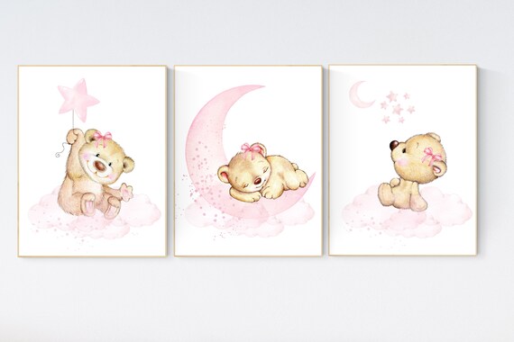 Nursery decor bear, nursery decor girl, bear nursery print, teddy bear decor, nursery wall art animals, girl nursery, pink nursery