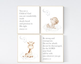 Nursery wall art animals, gray nursery, gender neutral nursery, neutral nursery, baby room decor, bear, giraffe, animal prints, verse prints