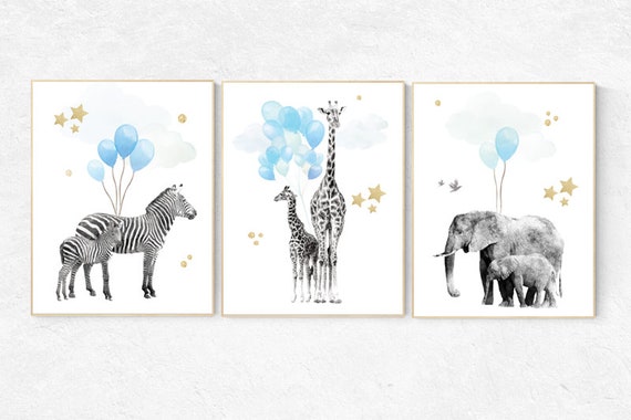 Animal nursery prints, safari nursery decor, blue gold nursery, Safari Nursery, Baby Animal Print set, baby animal art, elephant nursery