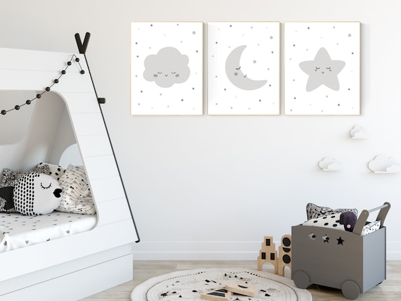 Nursery decor neutral, nursery wall art grey, gray nursery, baby room decor gender neutral, moon and stars, grey nursery decor baby room art