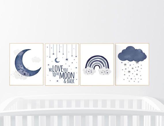 Navy Nursery Prints: Moon, Stars, Rainbow, Cloud