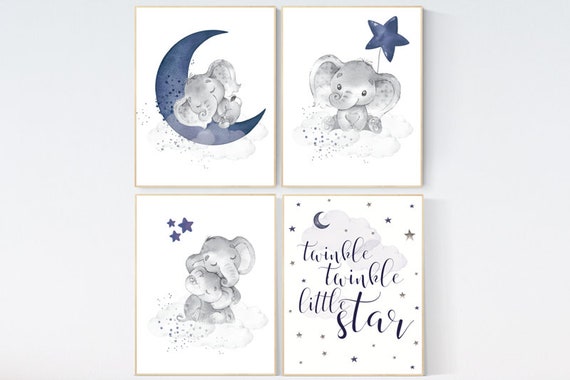 Nursery decor boy elephant, navy nursery decor, dream big little one, moon and stars, navy blue nursery art, elephant nursery, boy nursery