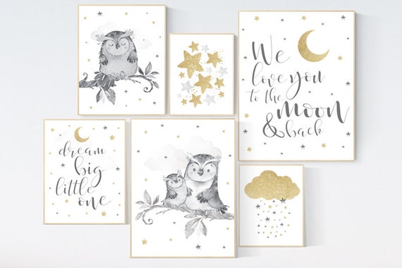 Owl nursery print set, gender neutral, gold, gray nursery, grey nursery, we love you to the moon and back, gold nursery, neutral, owls print