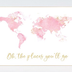 Nursery decor pink gold, girl room decor, world map print nursery, world map print watercolor, nursery wall art, pink and gold image 2