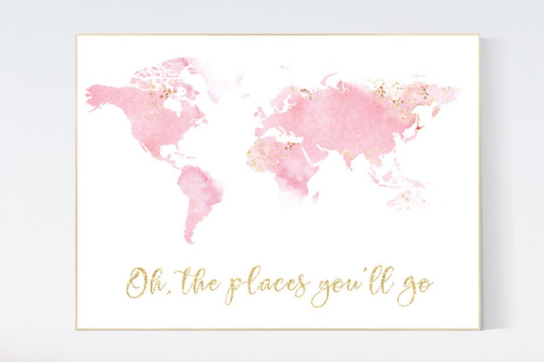 Nursery decor pink gold, girl room decor, world map print nursery, world map print watercolor, nursery wall art, pink and gold image 2