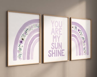 Nursery decor girl lilac, rainbow nursery wall art, lavender nursery, girls room decor, flower rainbow, rainbow art, purple nursery