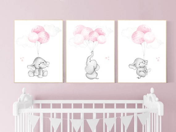 Nursery wall art girl, Nursery decor girl pink and gray, nursery wall art elephant, elephant nursery, nursery wall art animals, woodland.