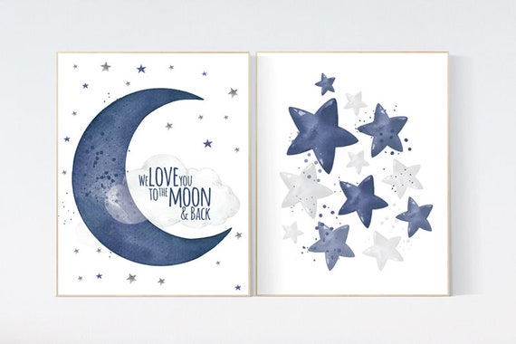 Navy nursery decor, cloud and stars, moon and stars, navy blue nursery art. baby room wall art, boy nursery decor, set of 2, nursery art